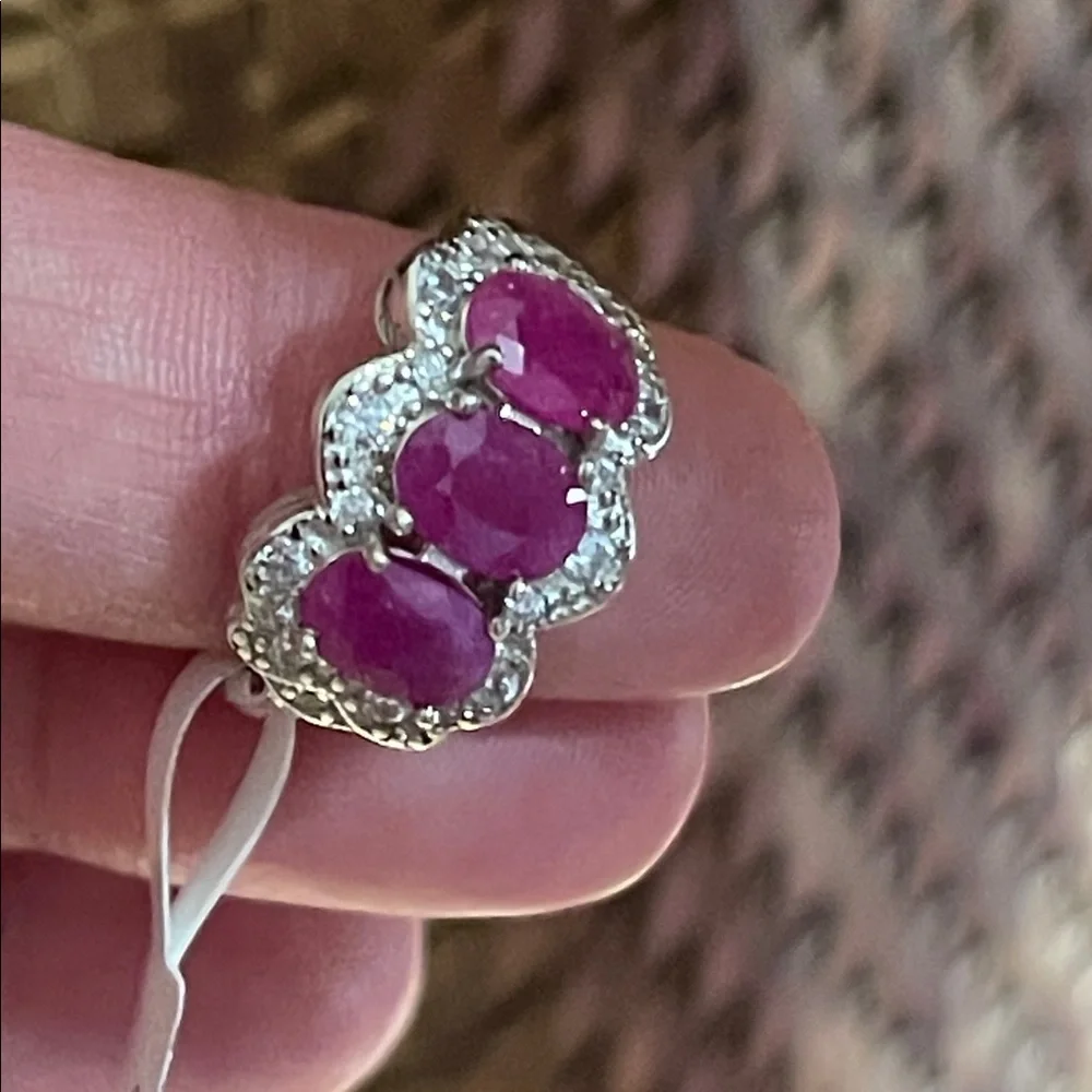 NWT Natural Ruby 3 stone (7X5mm each) Ring w/ CZ accents in 925 Silver Size 6.5